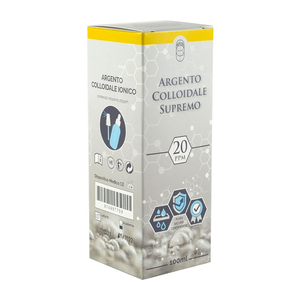 SEB - Argento colloidale supremo 20 ppm - Argento colloidale ionico in concentrazione 20ppm - Puro, Sicuro, Certificato (100 ml | Erogatore spray e contagocce)