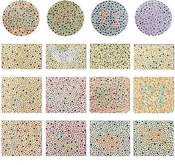Ishihara color vision test plates with various colored dots forming numbers or shapes.