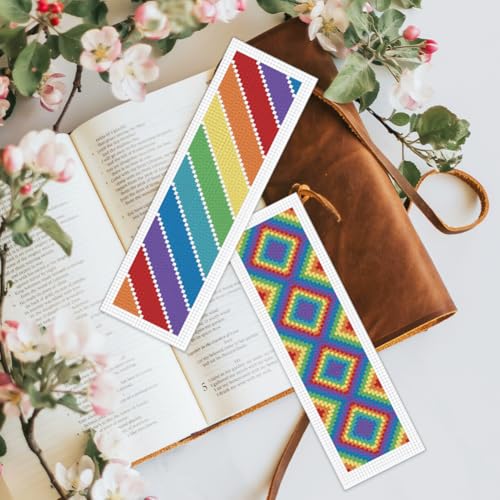 Image of BEUNITONE Cross Stitch Bookmark Kit 6 Pcs Rainbow DIY Bookmarks Cross Stitch Kits for Adults Beginners Love Heart Pre-Sorted Floss Cross-Stitch Stamped Embroidery Kit with Instruction 8''x2.4''
