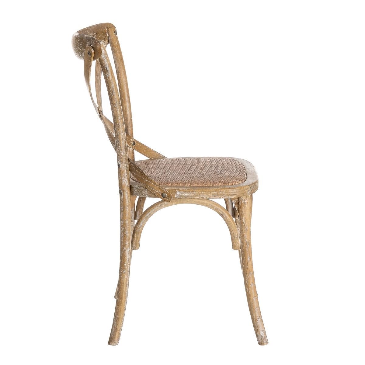 4 sillas de comedor Aspas de madera de olmo marrón y asiento de ratán | Respaldo cruzado. Diseño icónico retro. Asiento de ratán trenzado en tono natural. Patas con topes antiarañazos. No apilable.