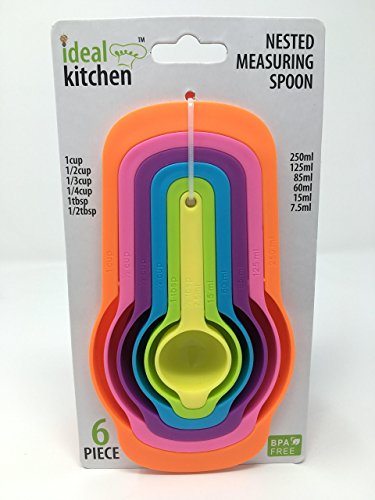 Set of 6 Measuring Cups and Spoons - Space Saving Design - Colorful - Includes: 1/2 Tbls, 1 Tbls, 1/4 cup, 1/3 cup, 1/2 cup, 1 cup - Durable Plastic - Easy to Clean - Dishwasher Safe (Random color) -  Kitch N Gadgetz, KG-146-CUP