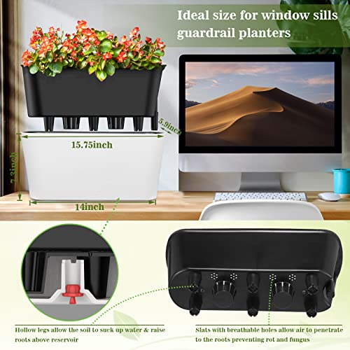 16" Rectangular Self Watering Planters Window Box 2 Pack With Water Level Indicator And Auto Drain Holes For All Outdoor/Indoor Herbs Plants Flowers Pots Residential And Commercial Grade (Rocky White) #TOP1