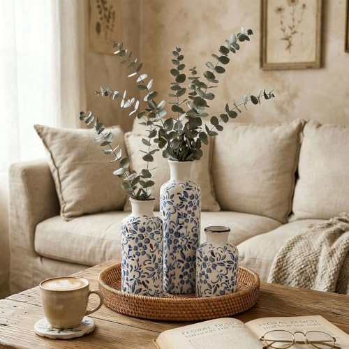 Image of Chinoiserie Decor Ceramic Vases Set - 3 Blue and White Vase, Chinoiserie Vase Farmhouse Country, Flower Vases Home Decor, Living Room Decoration, Entrance, Fireplace, Table Decoration, Centerpieces