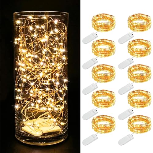 Guirnalda de Luces con Pilas(10 PCS 2M 20 LED Series de Luces de Alambre de Cobre, IP65 Impermeable, Fairy Lights para Interiores, Exteriores, Navidad, Fiestas...