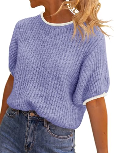 Image of Saodimallsu Womens Puff Short Sleeve Sweater Tops Spring Summer Color Block Ribbed Knit Crew Neck Going Out Shirts