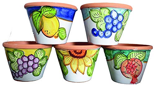 Generico Vasi Ceramica di Vietri Dipinti a Mano (5 Pezzi), Diametro 15 cm, Altezza 11 cm, Fioriera Terracotta con Foro per il Drenaggio dell'Acqua, per Interni ed Esterni