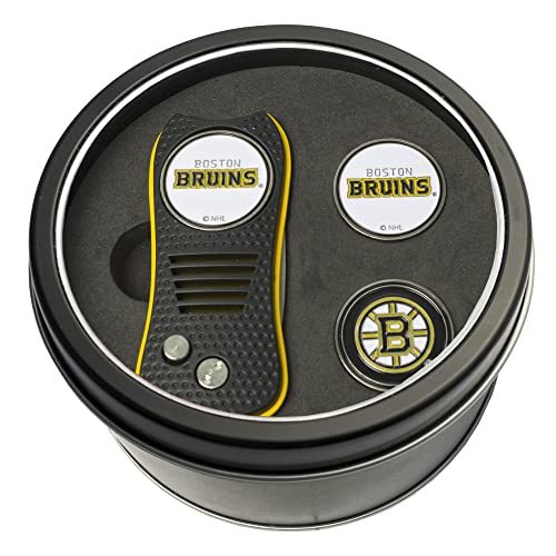 Team Golf NHL Boston Bruins 2 Ball Markers Tin Gift Set with Retractable Divot Tool and 3 Double-Sided Magnetic Ball Markers, Patented Single Prong Design, Causes Less Damage to Greens