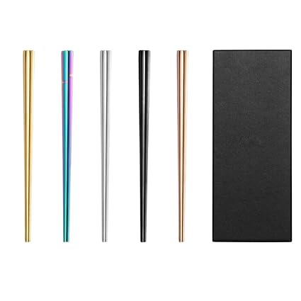 JYJFGSFA 5 Pairs Chinese Metal Multicolor Chopsticks, Reusable Stainless Steel Lightweight Square Chop Sticks Gift Set, Dishwasher Safe