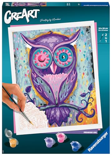 Ravensburger – CreArt Grand Format 24x30 cm – Hibou rêveur – Loisir créatif – Peinture par numéros – Adulte – Activité détente et créative – Dès 12 Ans – 28990 – Version française