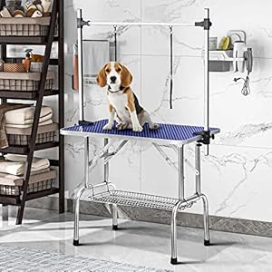 Rhomtree Professional 46″ Adjustable Pet Grooming Table Heavy Duty with Arm & Nosse & Mesh Tray for Large Dog Cat Shower Table Bath Station, Maximum Capacity Up to 330 LBS (46 inch)