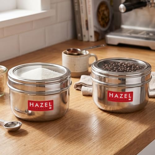 Image of HAZEL Steel Storage Containers with Clear View Lid, 1100ml (Pack of 2) | Kitchen Dabbas for Snacks, Dry Food & Leftovers