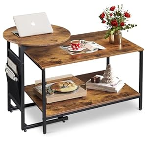 WLIVE Coffee Table, 31.3″ and 18.7″ Small Coffee Tables for Living Room, Modern Center Table and Side Table Set with Storage Side Pouch for Bedroom, Apartment, Rustic Brown