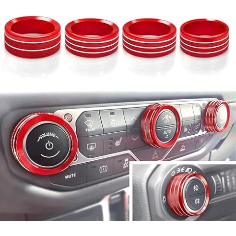 Auprite A/C Switch Button Covers and Headlight Knob Cover for Wrangler JL JLU Gladiator JT 2018-2023, Aluminum Alloy Red,4Pcs Cover