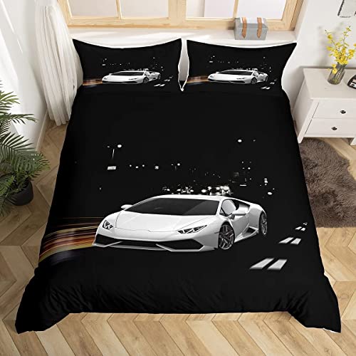 Loussiesd Rennwagen-Bettwäsche-Set für Kinder, cooler 3D-Auto-Druck, Bettbezug-Set für Jungen, Sport-Bettbezug mit 1 Kissenbezügen, Reißverschluss, weiche Mikrofaser, 3D-Geschwindigkeit