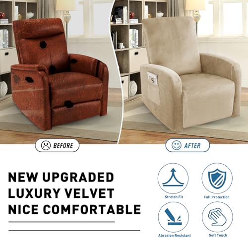 Image of ZNSAYOTX 2026 Velvet Small Recliner Cover 3-Piece, Luxury Plush Recliner Chair Covers with Elastic Band & Ties Stay in Place, Stretch Reclining Slipcover for Lazy Boy Soft Washable (Camel)