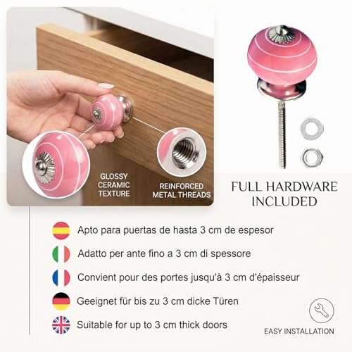 Set von 8 Keramikknöpfen in Weiß und Rosa, handbemalt mit verschiedenen Designs. Handgefertigte Griffe für Schränke, Schubladen, Kommoden und Kleiderbügel. Klassische Knöpfe mit 40 mm Durchmesser.