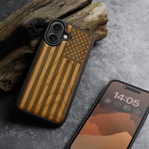 Image of Carveit Wood Case for iPhone 16 Plus, The Classic American Flag, Cherry | Magnetic iPhone 16 Plus Case Compatible with MagSafe Wireless Chargers, Engraved Wood with Soft TPU Shockproof Bumper