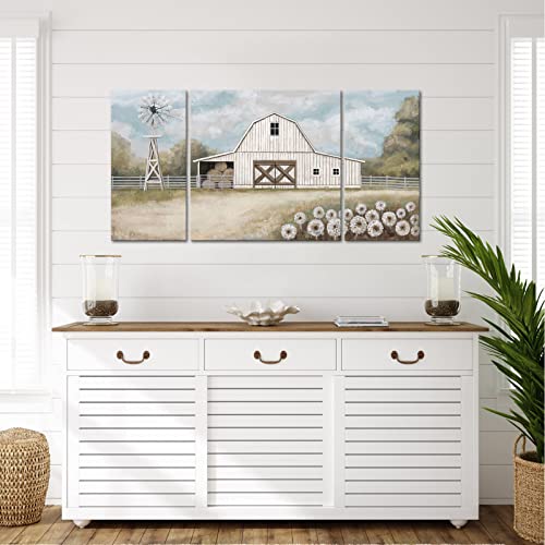 Atgowac Farmhouse Wall Decor Rustic Barn Pictures Country Farmhouse White Barn Windmill Wall Art Dandelion White Floral Art Prints Framed Canvas Wall Art Ready To Hang #TOP3