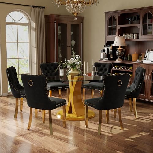 Image of 7-Piece Dining Table Set with 47In Tempered Glass Table and 6 Velvet Upholstered Chairs, Modern Scandinavian Furniture for Dining Room Kitchen(Black&Gold)