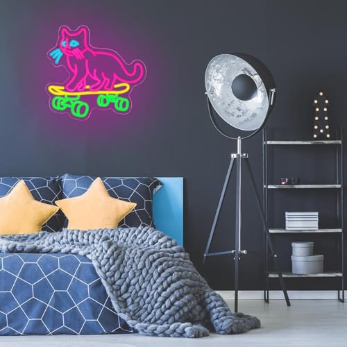 Image of Cat Skateboard Neon Sign for Wall Decor Cat Neon Light Skateboard LED Neon Signs Colorful Led Neon Lights for Bedroom Pet Shop Skatepark Decoration