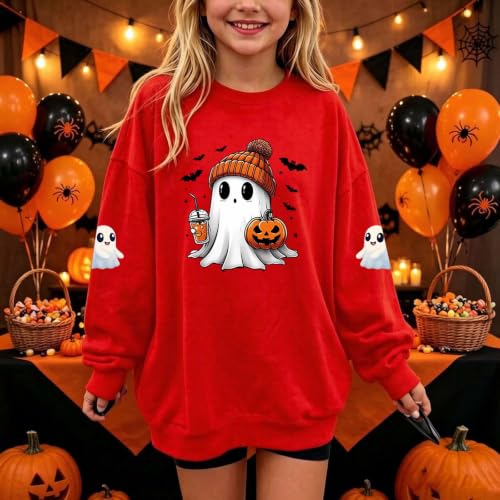 Girls Cute Ghost Knit Hat Pumpkin Drink Halloween Crewneck Sweatshirt - image 2