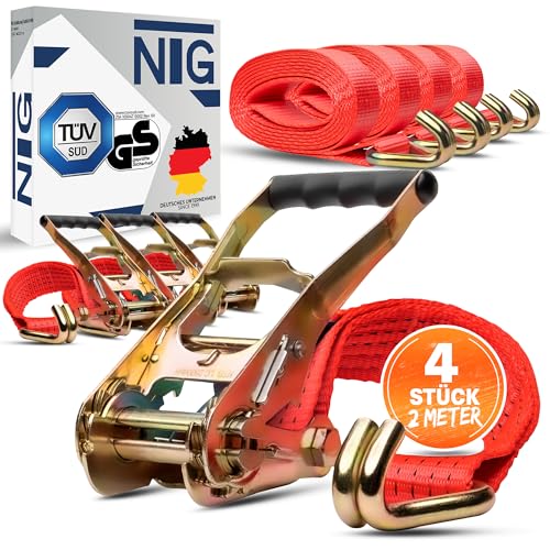 Spanngurte | Zurrgurte | 2m | 5t (2500/5000 daN, KG) Zweiteilig | 50mm | mit Ratsche und Haken | Ratschengurte | TÜV/GS geprüft (4 Stück)