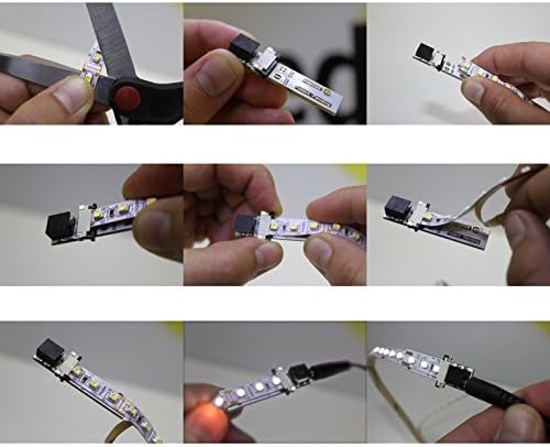 Series of images demonstrating how to cut the LED strip, open the Tiger Paw connector, insert the strip, close the connector, and connect cables.