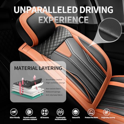 Image of Car Seat Covers Compatible with Chevy Equinox 2011-2026, Premium Leather Breathable, Wear Resistant, Airbag Compatible, All-Weather Protection & Full Coverage, 2 Front Seat Orange&Black