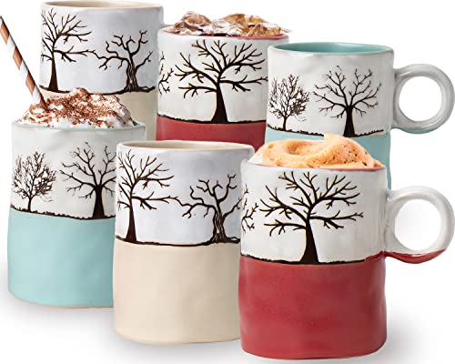 12 Oz Ceramic Rustic Mugs - Set Of 6 - Multicolor Farmhouse Mugs For Coffee, Tea & More - Dishwasher & Microwave Safe Novelty Mugs Made Of Chip-Free Ceramic - Farmhouse Kitchen Décor - Winter Tree #TOP27