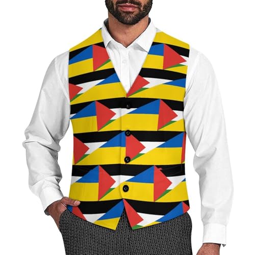 Palestine And Ukraine Flag Suit Vest for Men Slim Fit Sleeveless Jacket V Neck Business Waistcoat Button Up Dressy Top