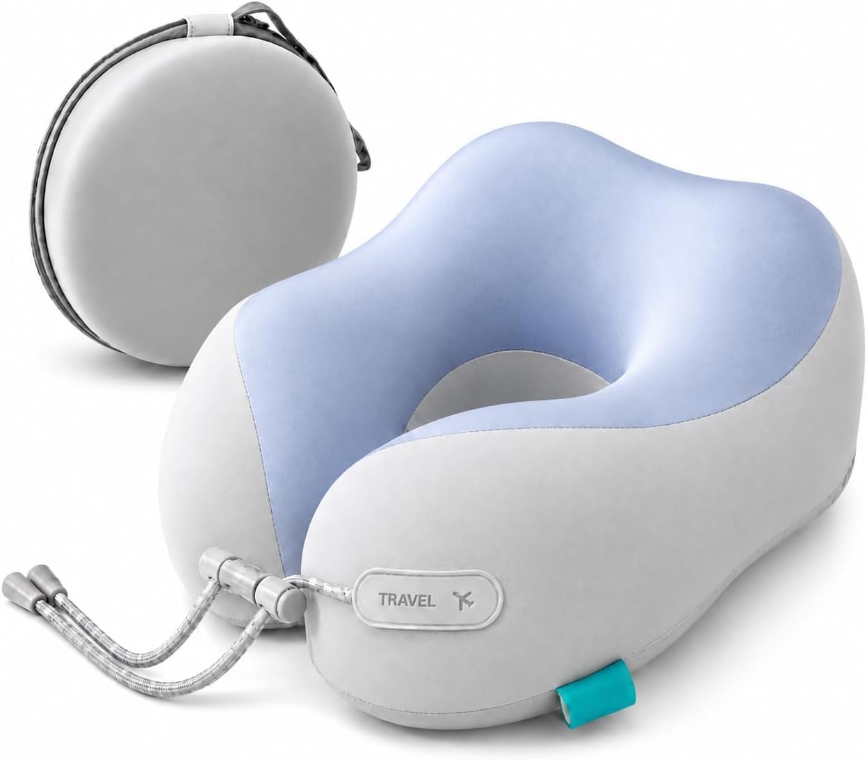 Travel Neck Pillow for Airplane, 50D Memory Foam, Cooling Ice Silk Cover, U-Shape, Adjustable Buckle, Washable Cover with Carry Case (Blue/Grey)