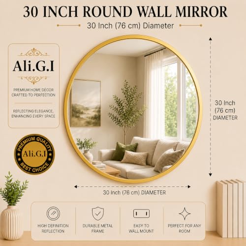 Image of Ali.G.I Round Wall Mirror, Modern Metal Framed Decorative Circle Vanity Mirror for Bathroom, Living Room, Bedroom & Entryway (Gold 30 inch)