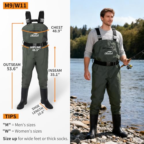 Image of Fishing Waders for Men & Women, Waterproof 2-Ply Nylon /PVC Chest Wader with Boots for Outdoor Sizes 4-13 Bootfoot