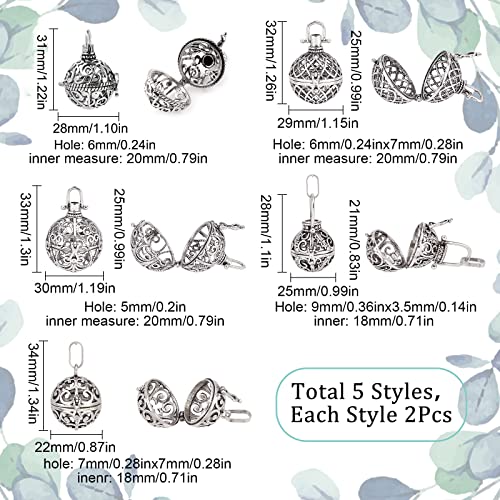 Sunnyclue 10Pcs 5 Styles Cage Charms Brass Locket Charms Stone Holder Necklace Silver Hollow Spiral Bead Cages Round Chime Ball Charms For Jewelry Making Charms Women Adults Diy Necklaces Crafts #TOP1