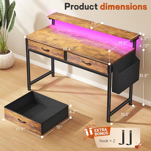 Image of Gaming Desk with LED Lights & 2 Fabric Drawers, 39.4Inch Home Office Computer Desk with Side Pocket & Ergonomic Monitor Stand, Small Space Study Writing Table with Anti-Tip Design, Rustic Brown
