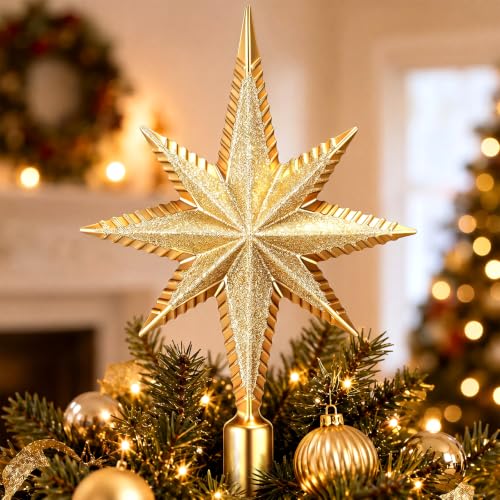 Sanwuta Christmas Bethlehem Star Tree Topper 8 Inch Glitter, Gold