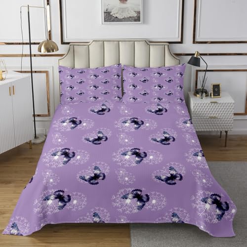 Butterflies Lightweight Quilt Set for Kids Teens,White Dandelion Print Bedspread Coverlet,Garden Flowers Bedding Set Decorative Quilted 3 Pieces with 2 Pillowcases,Queen Size