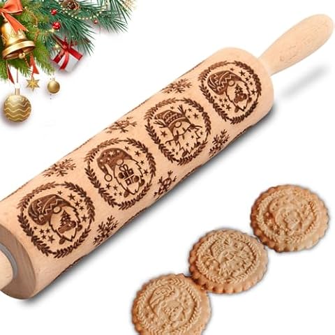 Christmas Embossed Rolling Pin for Baking Cookies Embossing Rolling Pins with Design Gnome Wooden Engraved Roller Pin Animal Dough Patterned Clay Pottery Ceramic Bakers Women (Santa Circular Patterns) Cover