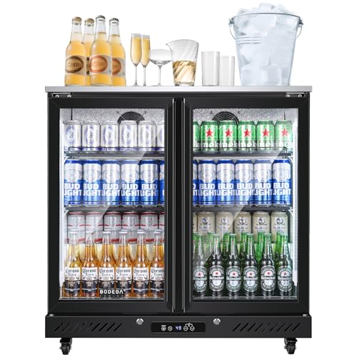 Image of BODEGACOOLER Back Bar Cooler with 2 Glass Doors,7.7Cu.ft Commercial Bar Beverage Refrigerator Under Counter LED Lighting for Soda Drinks,Beer,Wine with Stainless Steel Top,DOE Approved,4 Casters