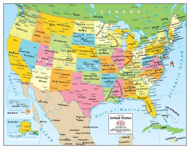 Colorful Political United States Desk Map Paper, Non-Laminated