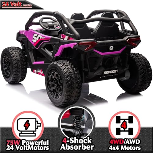 sopbost XL 24V 10Ah Real 2 Seater Kids UTV Ride-On Car with Remote Control 4x4 4WD Electric Vehicle for Kids 3-8 to Drive, Bluetooth Music, 4 Spring Suspension, 21.85\" Spacious Seat - Pink