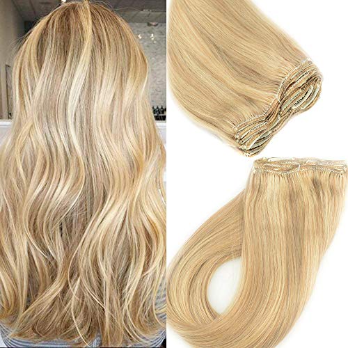 KOCONI 14inch Real Human Hair Clip in Extensions Dark Ash Blonde Highlights with Golden Blonde 7pcs Full Head Clip in Remy Human Hair Extensions 7pcs 120g Per Pack (14", P16-22)