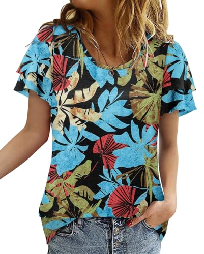CRAZY GRID Women's Shirts Summer Casual Crewneck Ruffle Short Sleeve Blouses Cute Floral Print Tunic Tops
