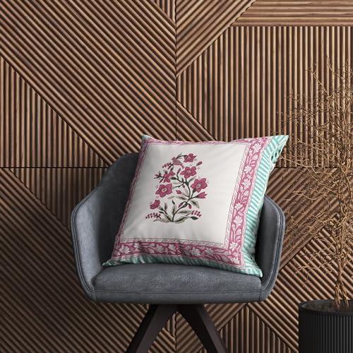 Image of BLOCKS OF INDIA Hand Block Printed Cotton Cushion Cover (16 X 16 Inches) (Cushion 5), 300 TC, Green