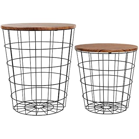 7Penn Nesting Side Tables Wire Basket Table with Lid 2pc Set - Round End Table with Storage Basket Small and Large Sizes Cover