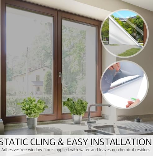 Image of WALLMATE One Way Window Privacy Film, Static Cling Removable Non-Adhesive UV Sun Heat Blocking Reflective Mirror Film, See Out Not in for Home and Office (Silver Film, 20x100 in)