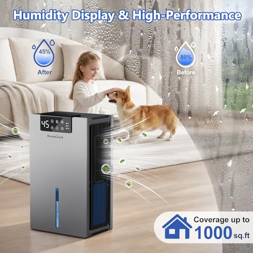 Image of KeepGlad Dehumidifier, 98OZ Dehumidifiers for Home(1000sq.ft), Humidity Display Dehumidifier for Basement Bathroom Bedroom, Auto Shut Off, Washable Filter, Drain Hose, Timer, 7 Ambient Lights, Gray