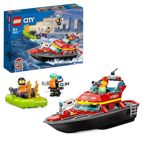 LEGO 60373 City Fire Barca di Soccorso Antincendio dei Vigili del Fuoco, Nave Giocattolo Galleggiante con Gommone di...