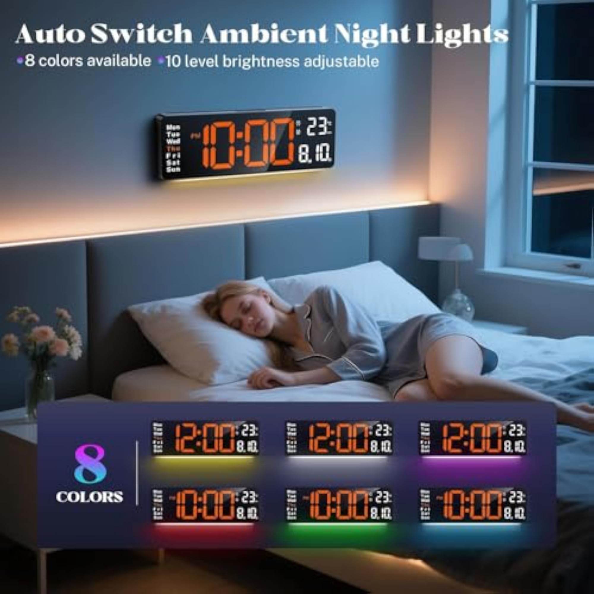 Digital Wall Clock with Remote Control & RGB Night Light