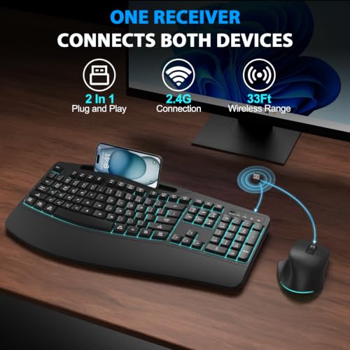 Wireless Ergonomic Keyboard and Mouse Combo, 7-Color Backlit Wave Keys - image 6